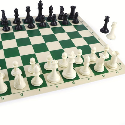 4" King Tournament Chess Set with Foldable 20" Silicone Chess Board Mat - Green Color, 2.2" Squares - Weighted Chess Pieces, 2 Extra Queens (COMPLETE SET)