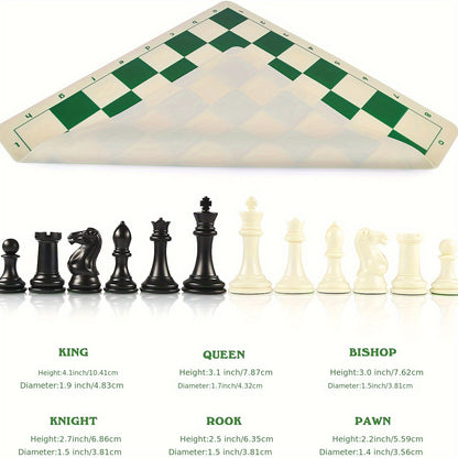 4" King Tournament Chess Set with Foldable 20" Silicone Chess Board Mat - Green Color, 2.2" Squares - Weighted Chess Pieces, 2 Extra Queens (COMPLETE SET)